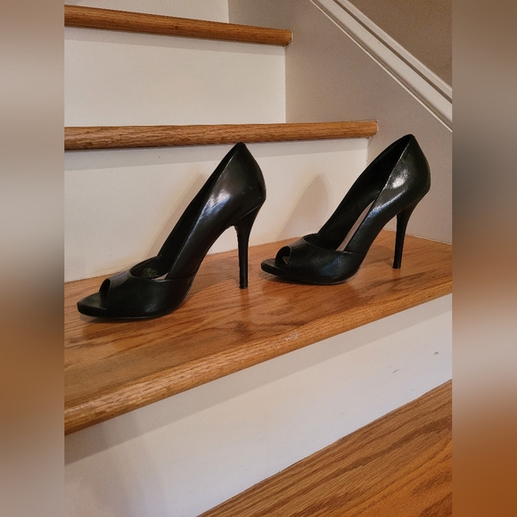 BCBG Black Leather Open Toe Pumps - Picture 1 of 8